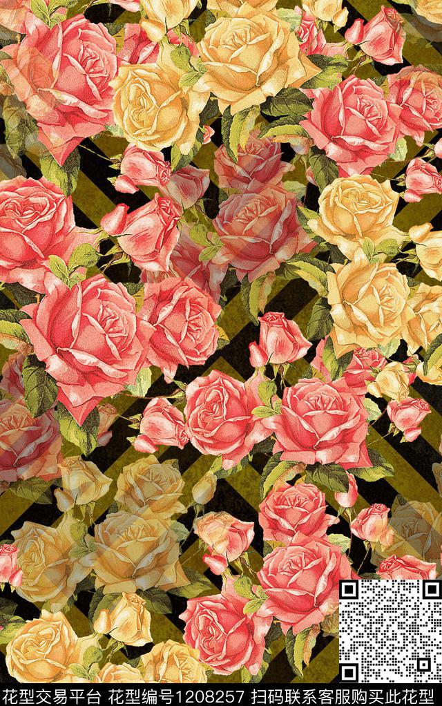 花卉大牌风条纹数码印花华亿平台下载（图片编号: 1208257） - 瓦栏（Walan）