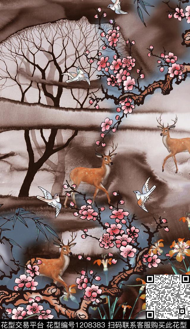 国画鹿梅花数码印花华亿平台下载（图片编号: 1208383） - 瓦栏（Walan）