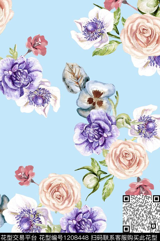 清爽底花卉花卉满版散花数码印花华亿平台下载（图片编号: 1208448） - 瓦栏（Walan）