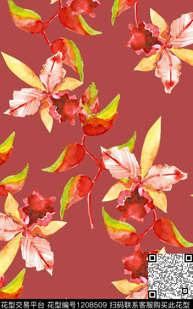 手绘大花抽象花卉民族风数码印花华亿平台下载（图片编号: 1208509） - 瓦栏（Walan）