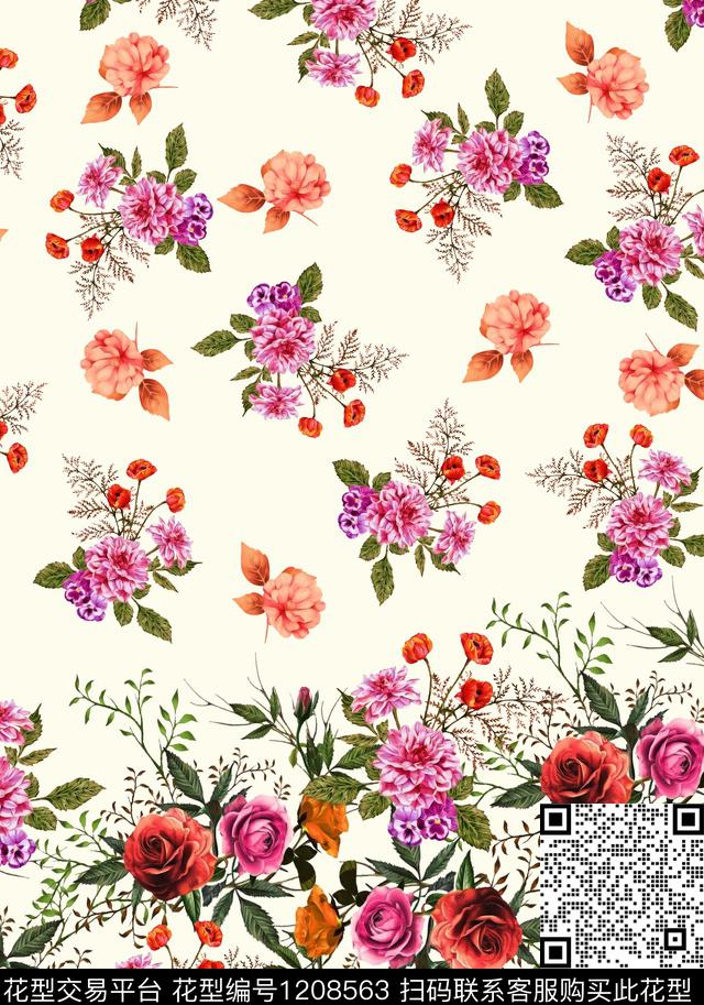 时尚女装清爽底花卉数码印花华亿平台下载（图片编号: 1208563） - 瓦栏（Walan）
