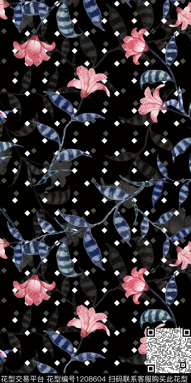 花卉黑底花卉复古传统印花华亿平台下载（图片编号: 1208604） - 瓦栏（Walan）