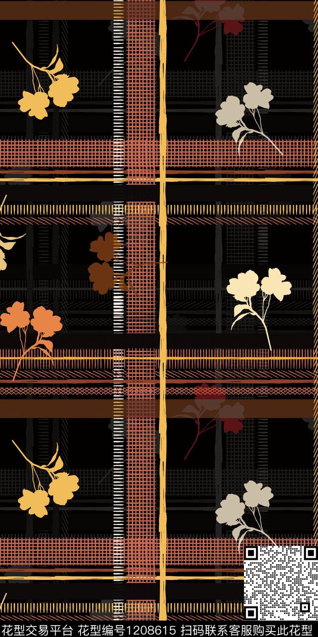 花卉黑底花卉复古传统印花华亿平台下载（图片编号: 1208615） - 瓦栏（Walan）