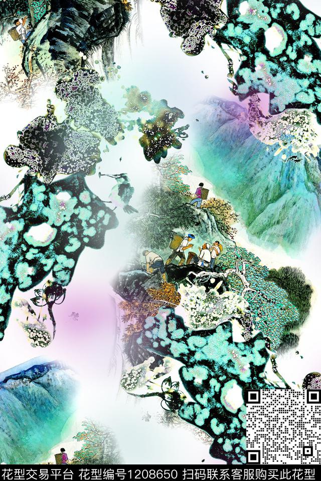 手绘风景景观混合拼接数码印花华亿平台下载（图片编号: 1208650） - 瓦栏（Walan）