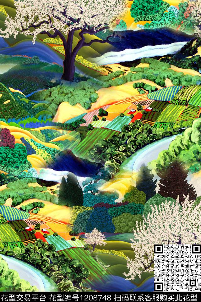 手绘风景景观混合拼接数码印花华亿平台下载（图片编号: 1208748） - 瓦栏（Walan）