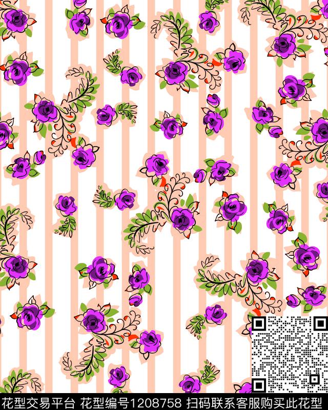花卉手绘玫瑰玫瑰花传统印花华亿平台下载（图片编号: 1208758） - 瓦栏（Walan）