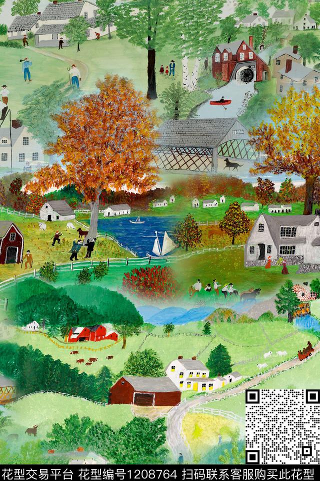 手绘风景景观混合拼接数码印花华亿平台下载（图片编号: 1208764） - 瓦栏（Walan）