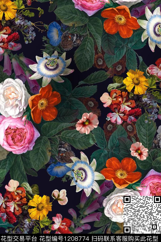 时尚水彩花卉手绘数码印花华亿平台下载（图片编号: 1208774） - 瓦栏（Walan）