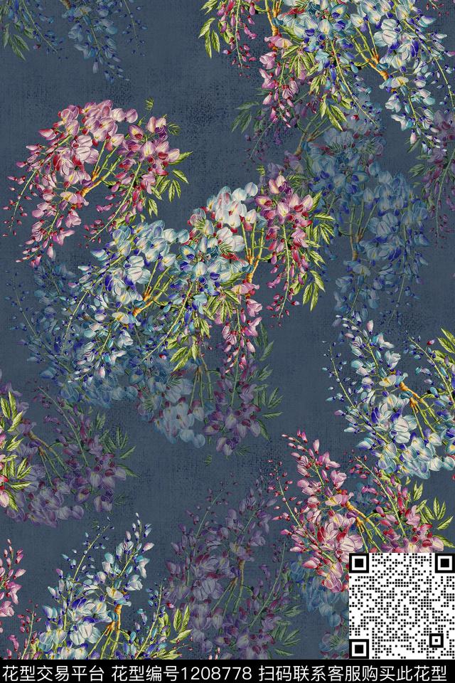 时尚水彩花卉手绘数码印花华亿平台下载（图片编号: 1208778） - 瓦栏（Walan）