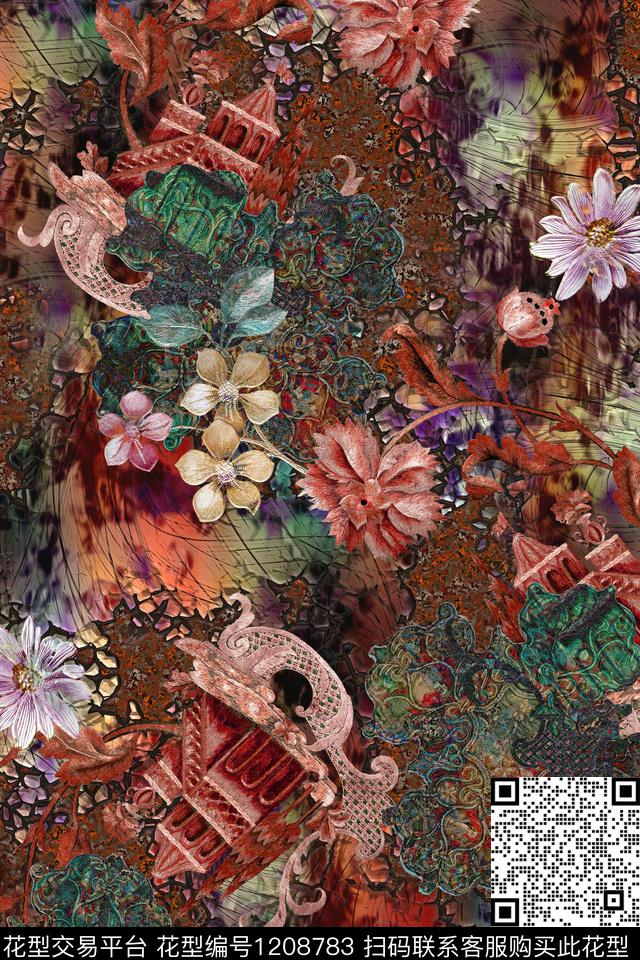 时尚水彩花卉手绘数码印花华亿平台下载（图片编号: 1208783） - 瓦栏（Walan）