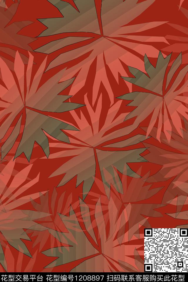 植物渐变色彩树叶组合数码印花华亿平台下载（图片编号: 1208897） - 瓦栏（Walan）