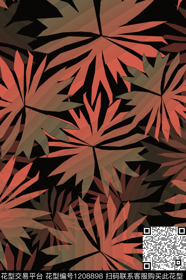 植物渐变色彩树叶组合数码印花华亿平台下载（图片编号: 1208898） - 瓦栏（Walan）