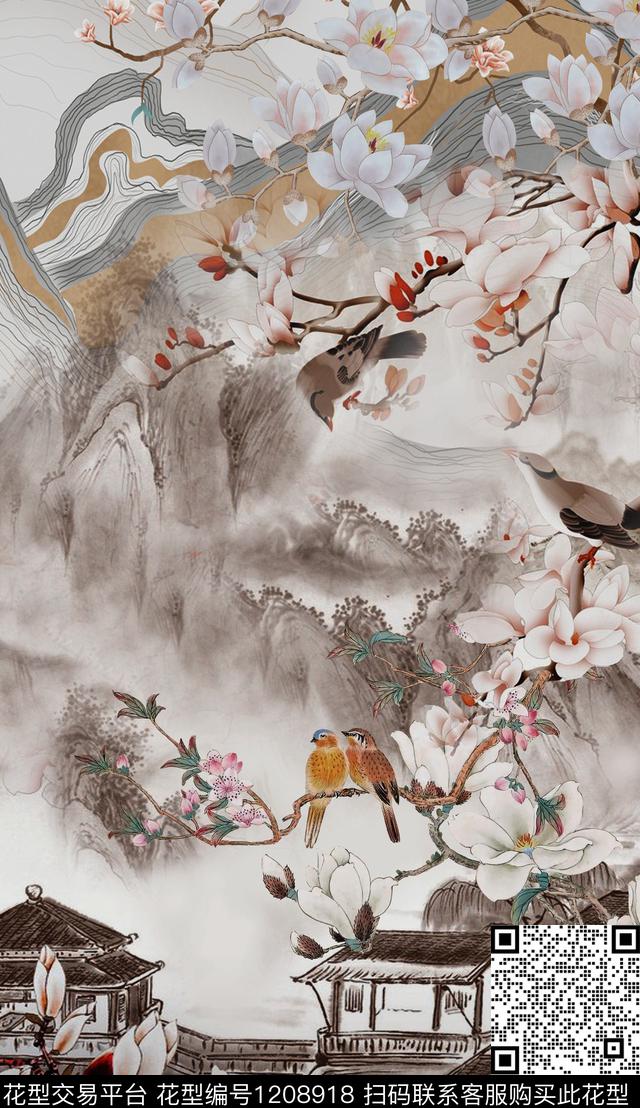 国画中国风定位花玉兰花数码印花华亿平台下载（图片编号: 1208918） - 瓦栏（Walan）