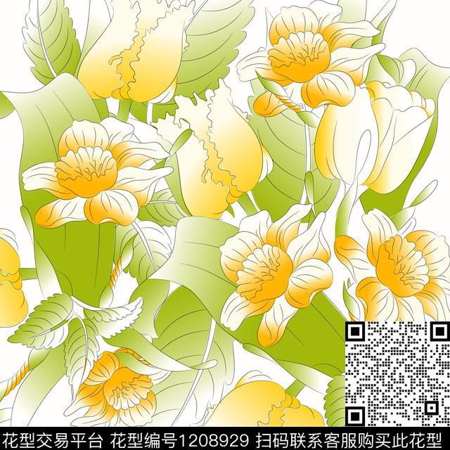 线条花卉数码印花华亿平台下载（图片编号: 1208929） - 瓦栏（Walan）