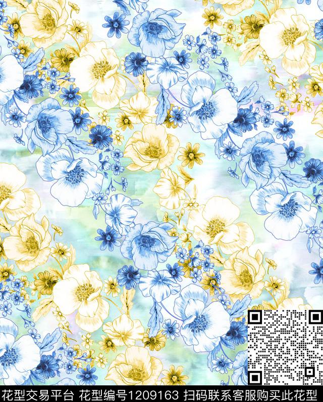 扎染华亿平台花卉小碎花数码印花华亿平台下载（图片编号: 1209163） - 瓦栏（Walan）