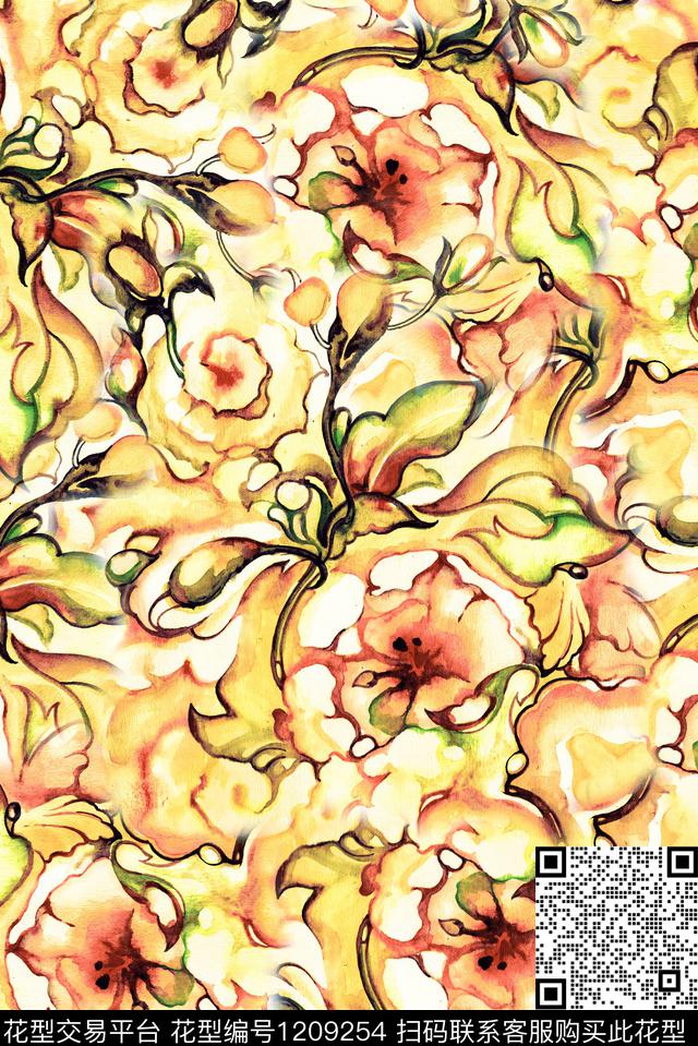 手绘花卉油画华亿平台满版散花数码印花华亿平台下载（图片编号: 1209254） - 瓦栏（Walan）