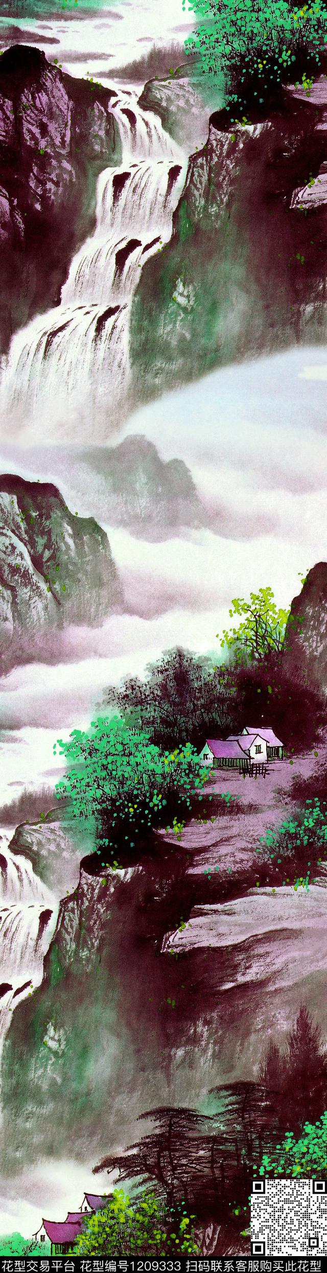 雪纺中长巾国画风景数码印花华亿平台下载（图片编号: 1209333） - 瓦栏（Walan）