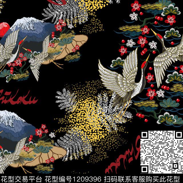 古典花纹仙鹤绣花华亿平台数码印花华亿平台下载（图片编号: 1209396） - 瓦栏（Walan）