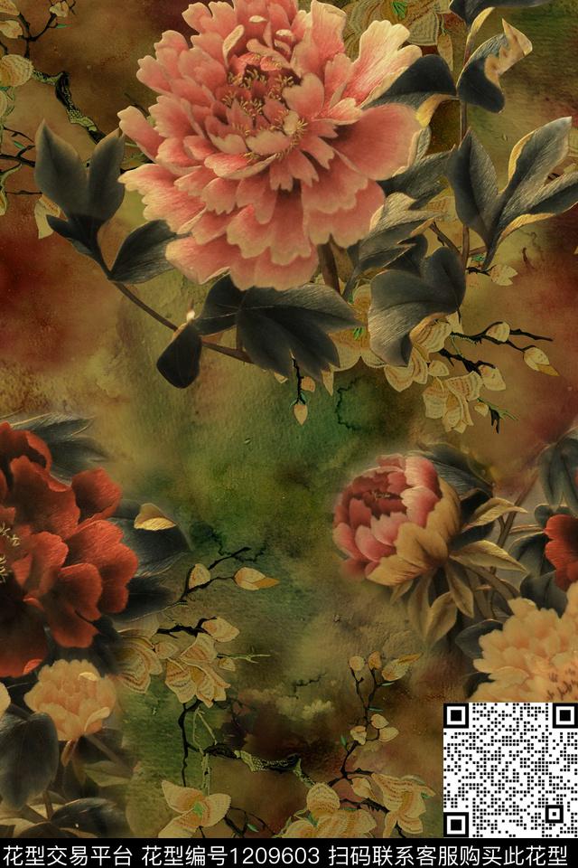 绣花华亿平台花卉香云纱数码印花华亿平台下载（图片编号: 1209603） - 瓦栏（Walan）