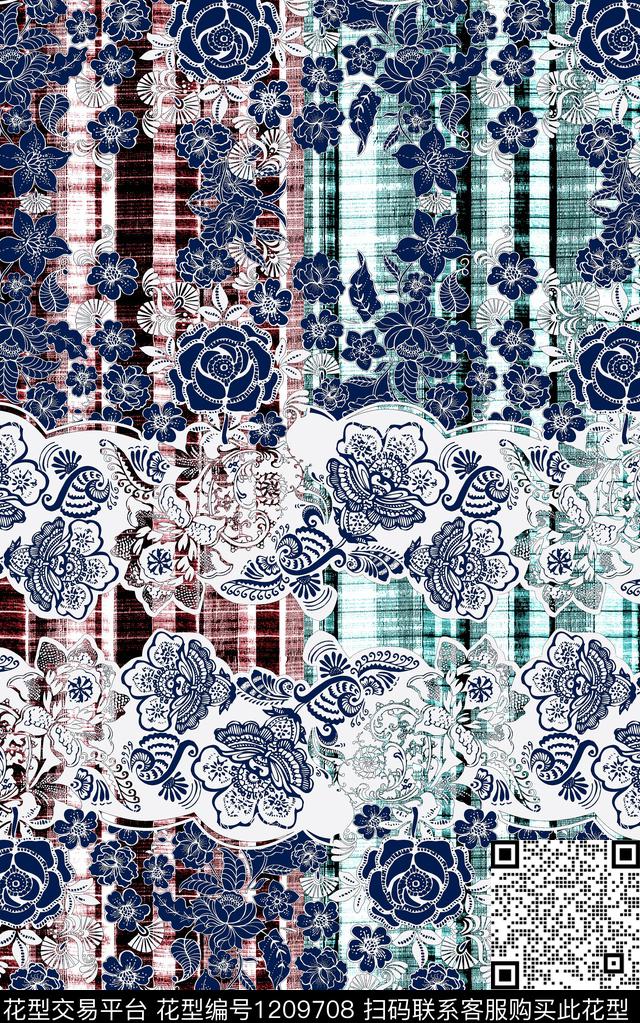 清爽底花卉格子民族风数码印花华亿平台下载（图片编号: 1209708） - 瓦栏（Walan）