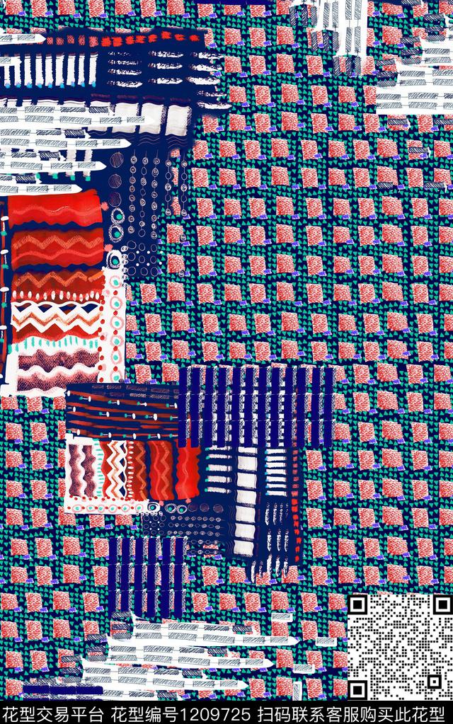 几何格子混合拼接数码印花华亿平台下载（图片编号: 1209725） - 瓦栏（Walan）