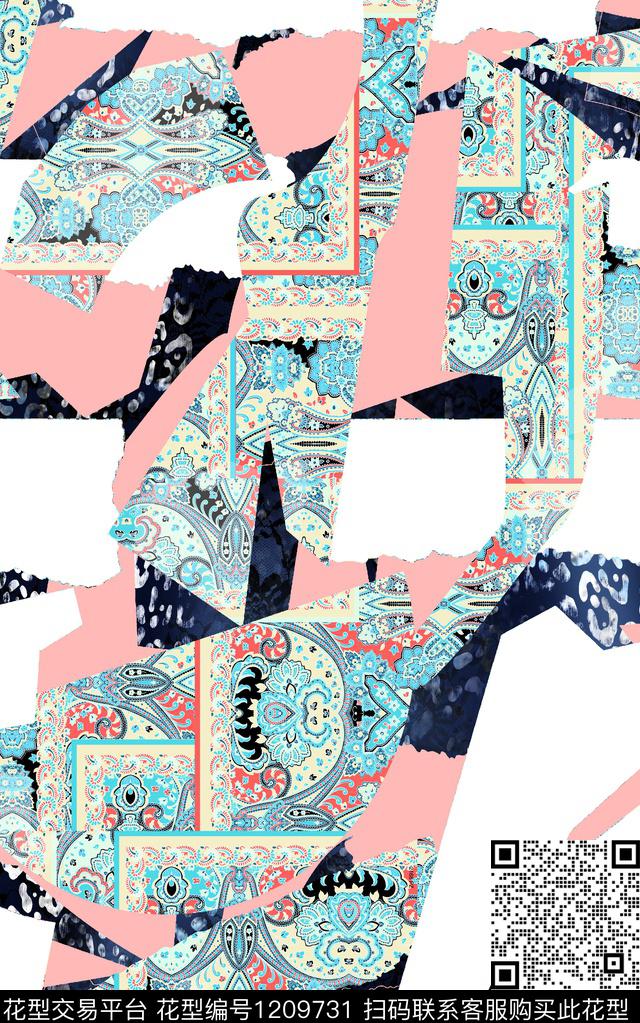 几何格子混合拼接数码印花华亿平台下载（图片编号: 1209731） - 瓦栏（Walan）