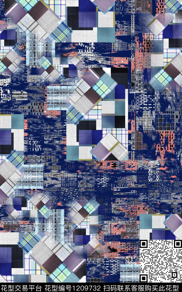 几何格子混合拼接数码印花华亿平台下载（图片编号: 1209732） - 瓦栏（Walan）