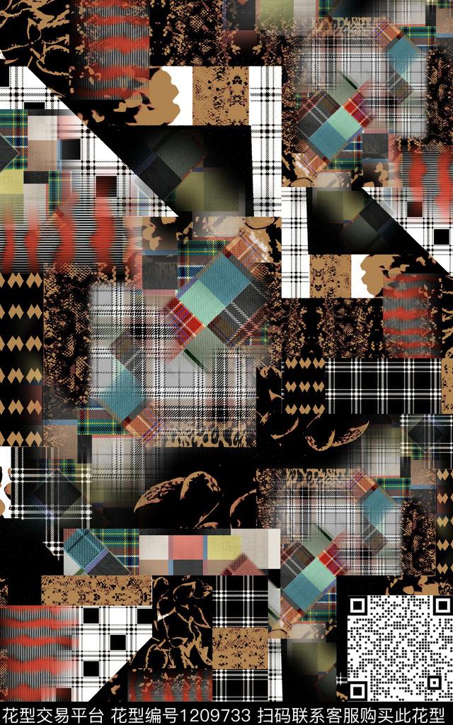 几何格子混合拼接数码印花华亿平台下载（图片编号: 1209733） - 瓦栏（Walan）
