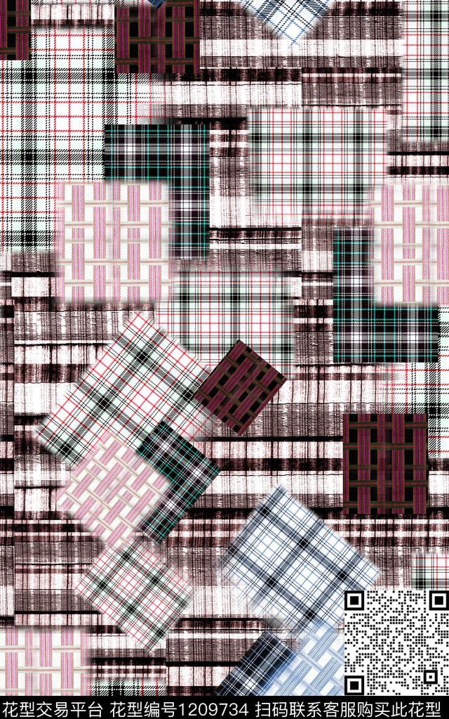 几何格子混合拼接数码印花华亿平台下载（图片编号: 1209734） - 瓦栏（Walan）