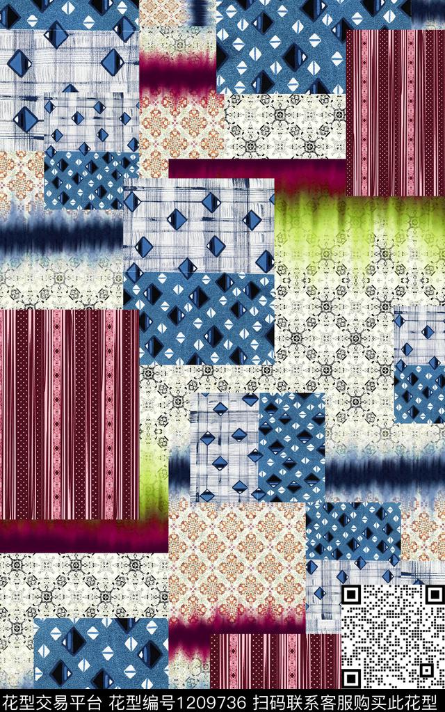几何格子混合拼接数码印花华亿平台下载（图片编号: 1209736） - 瓦栏（Walan）