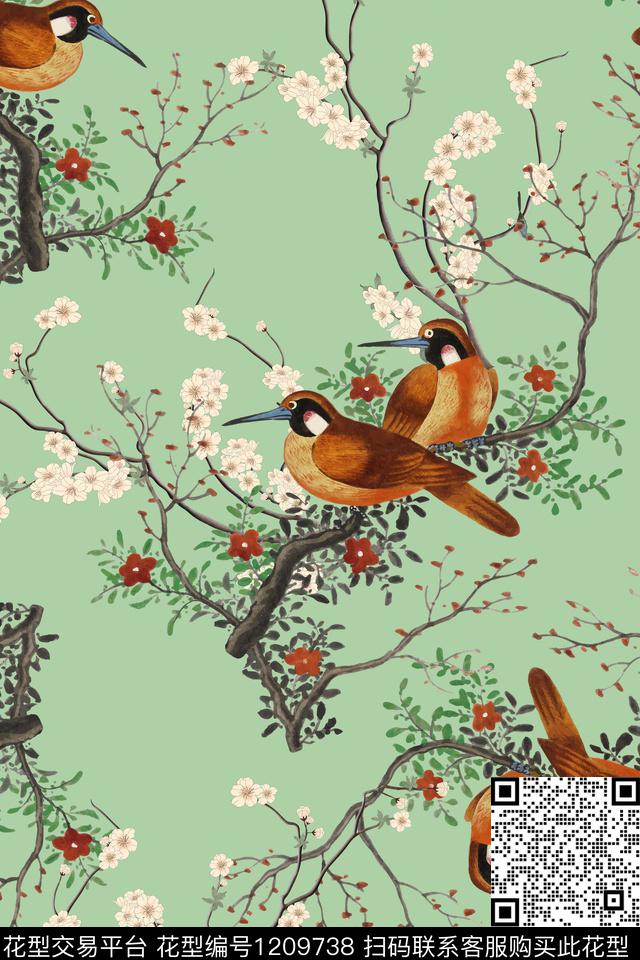 花卉鸟杏花数码印花华亿平台下载（图片编号: 1209738） - 瓦栏（Walan）