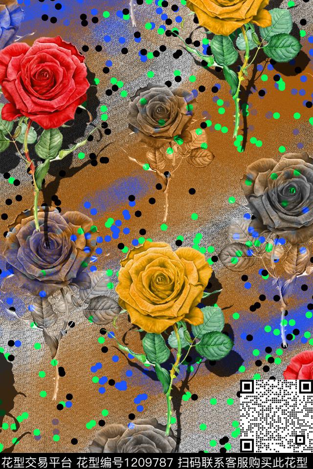 大牌风花卉玫瑰花数码印花华亿平台下载（图片编号: 1209787） - 瓦栏（Walan）