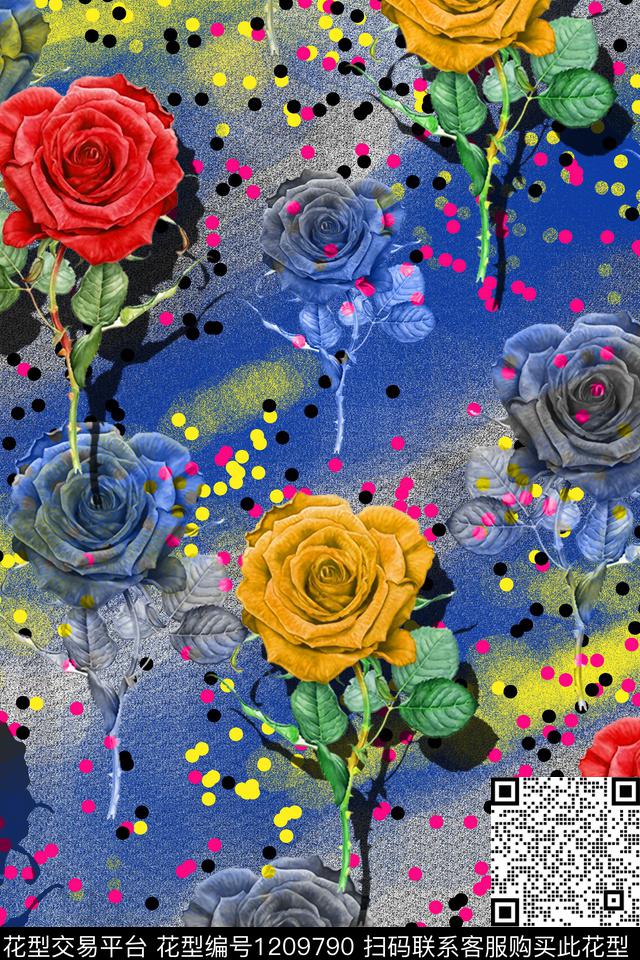 大牌风花卉玫瑰花数码印花华亿平台下载（图片编号: 1209790） - 瓦栏（Walan）