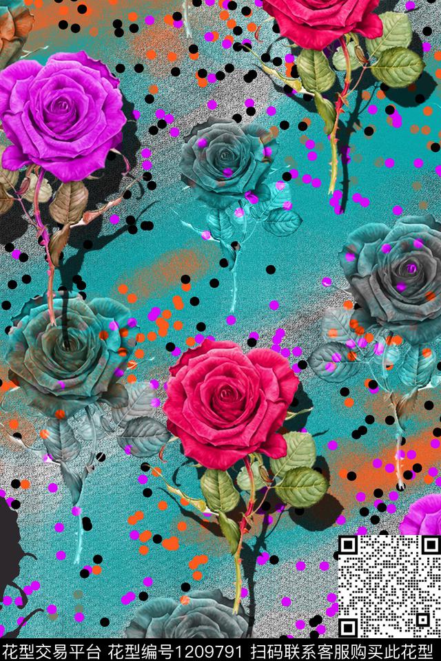 大牌风花卉玫瑰花数码印花华亿平台下载（图片编号: 1209791） - 瓦栏（Walan）