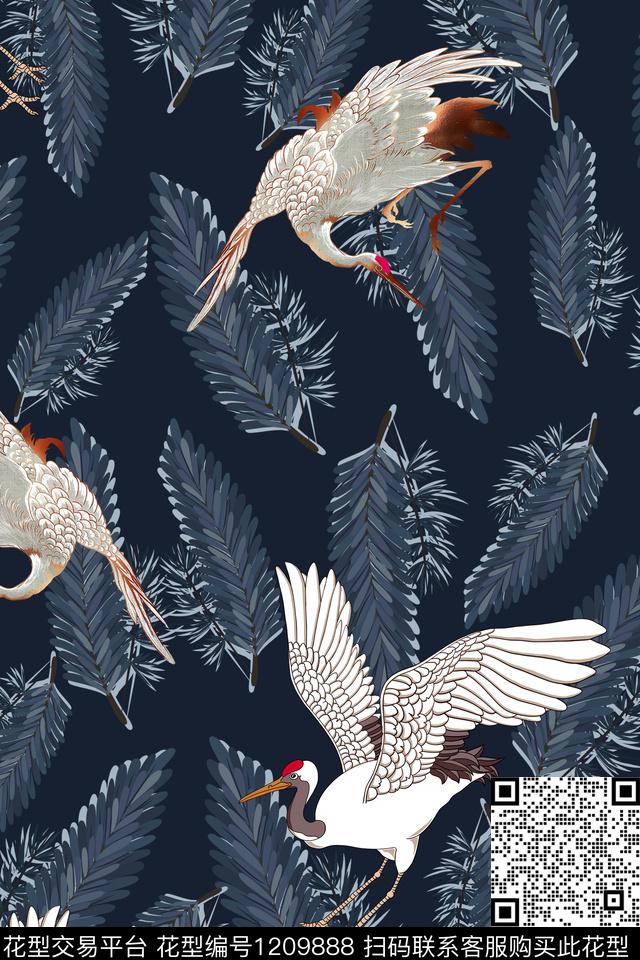 仙鹤大牌风复古数码印花华亿平台下载（图片编号: 1209888） - 瓦栏（Walan）