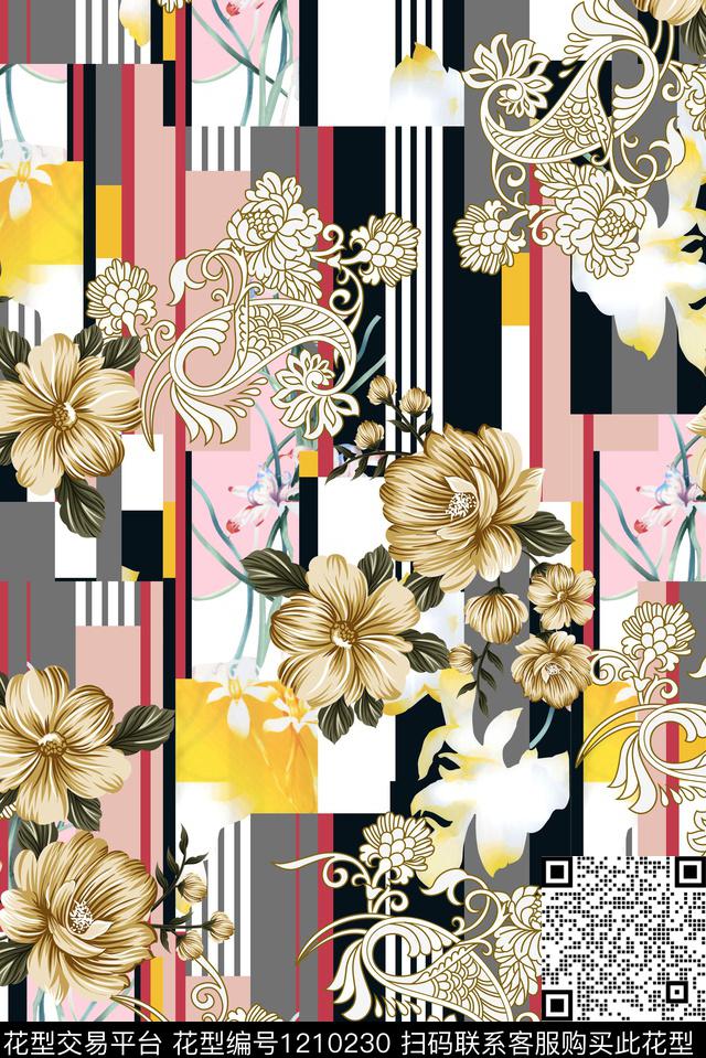 几何花卉条纹花纹数码印花华亿平台下载（图片编号: 1210230） - 瓦栏（Walan）