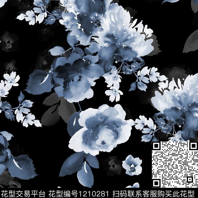 手绘花卉黑底花卉青色花数码印花华亿平台下载（图片编号: 1210281） - 瓦栏（Walan）