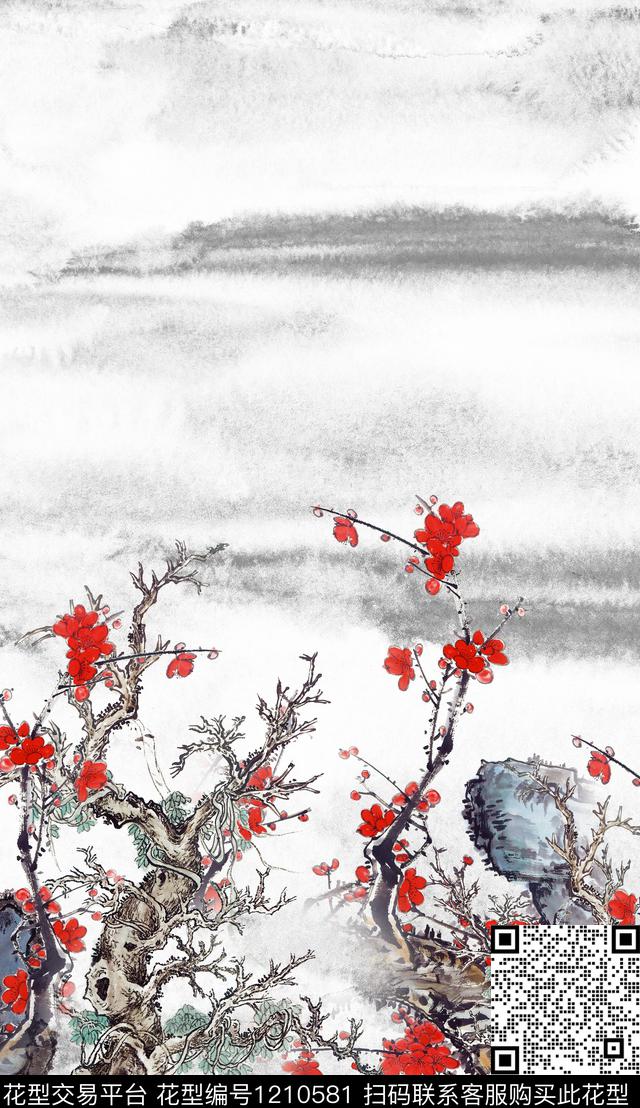 花卉定位花中国风数码印花华亿平台下载（图片编号: 1210581） - 瓦栏（Walan）