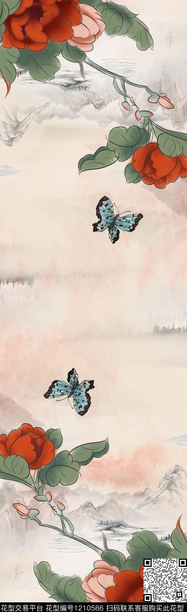 国画蝴蝶花卉数码印花华亿平台下载（图片编号: 1210586） - 瓦栏（Walan）