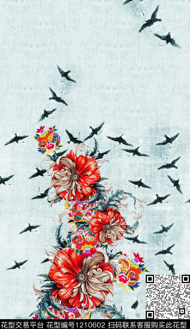 花卉定位花中国风数码印花华亿平台下载（图片编号: 1210602） - 瓦栏（Walan）