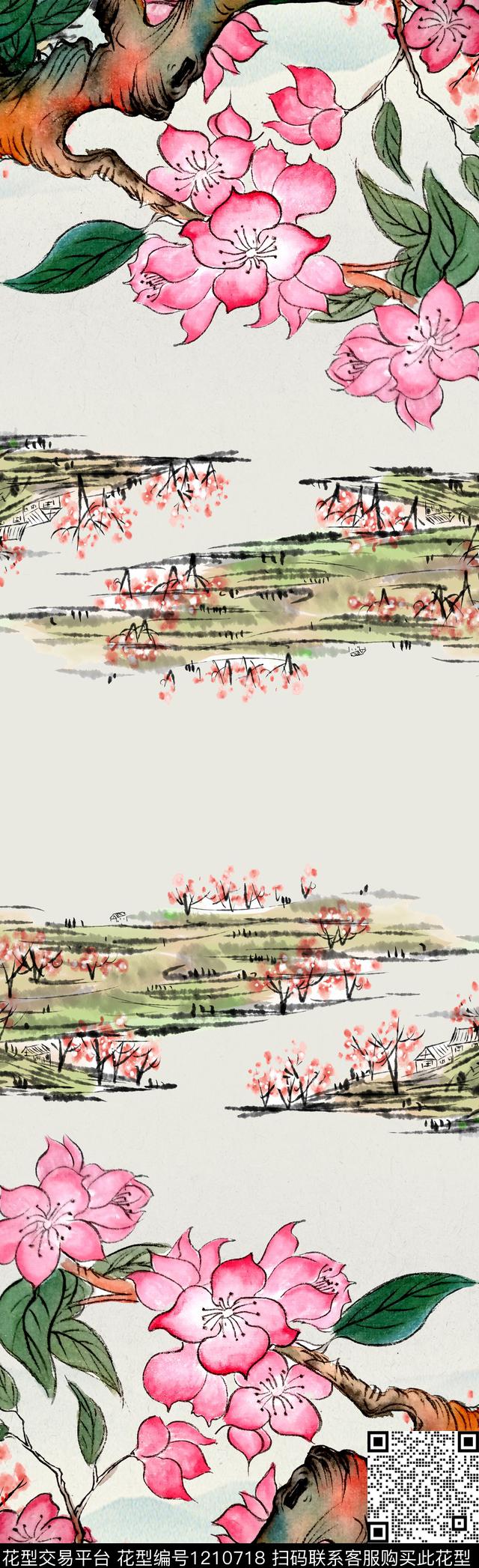 国画桃花樱花数码印花华亿平台下载（图片编号: 1210718） - 瓦栏（Walan）