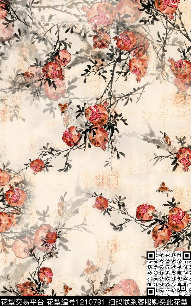 国画石榴中国风数码印花华亿平台下载（图片编号: 1210791） - 瓦栏（Walan）
