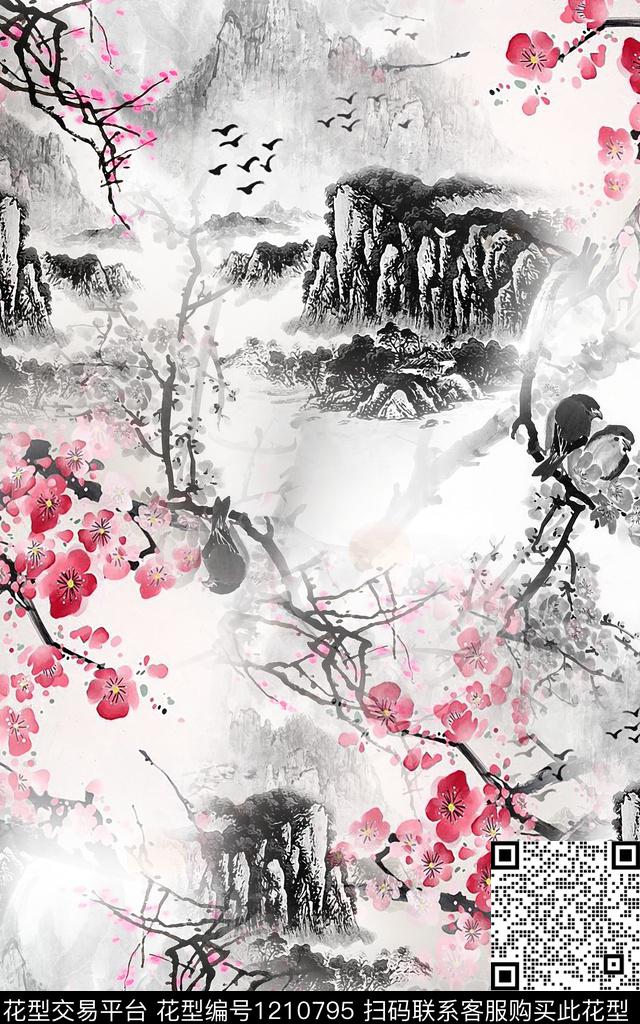 国画梅花中国风数码印花华亿平台下载（图片编号: 1210795） - 瓦栏（Walan）