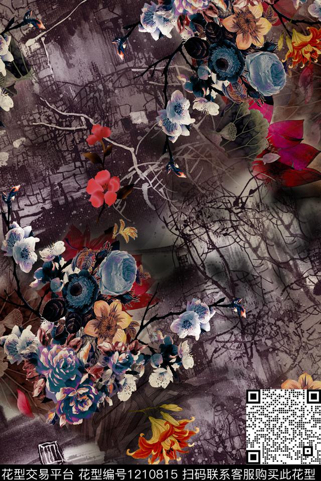 花卉香云纱油画华亿平台数码印花华亿平台下载（图片编号: 1210815） - 瓦栏（Walan）