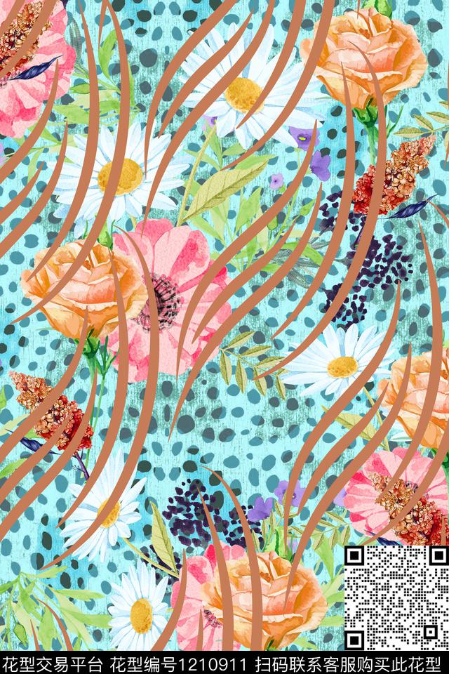 动物纹花卉线条数码印花华亿平台下载（图片编号: 1210911） - 瓦栏（Walan）