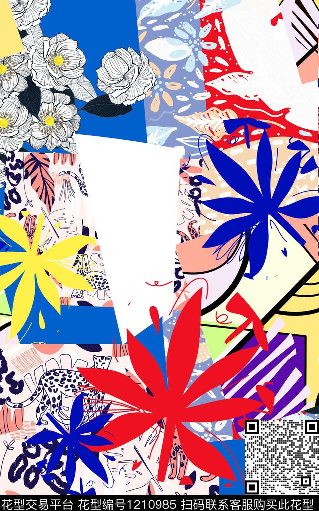 几何格子混合拼接数码印花华亿平台下载（图片编号: 1210985） - 瓦栏（Walan）