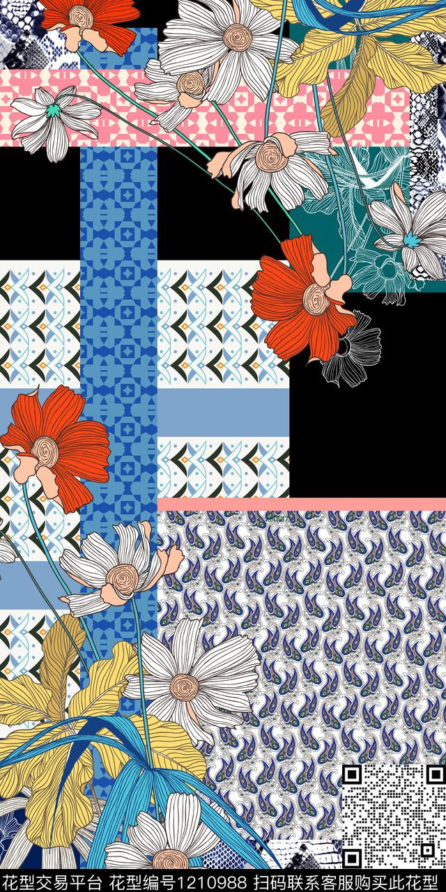 几何花卉混合拼接数码印花华亿平台下载（图片编号: 1210988） - 瓦栏（Walan）