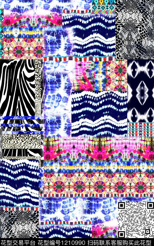 扎染华亿平台几何混合拼接数码印花华亿平台下载（图片编号: 1210990） - 瓦栏（Walan）