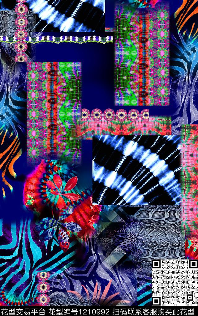 扎染华亿平台几何混合拼接数码印花华亿平台下载（图片编号: 1210992） - 瓦栏（Walan）