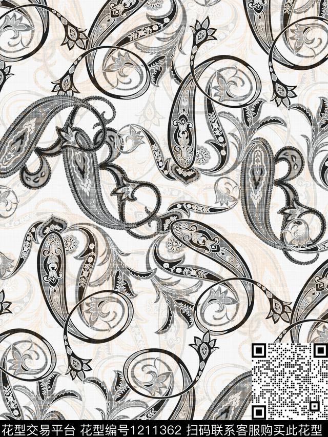 几何佩斯利黑白华亿平台数码印花华亿平台下载（图片编号: 1211362） - 瓦栏（Walan）